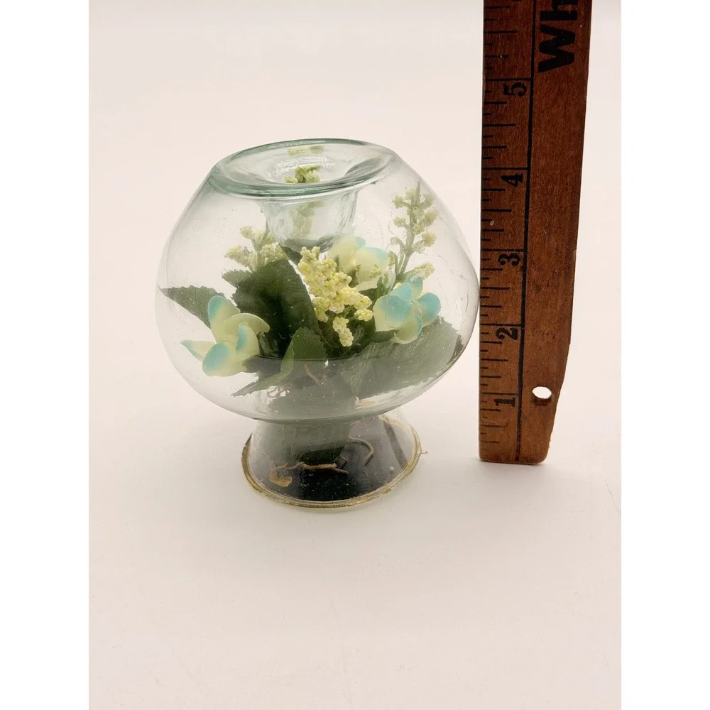 Vintage Glass Globe Terrarium Candle Holder Faux Floral Blue White Flowers 4.5in
